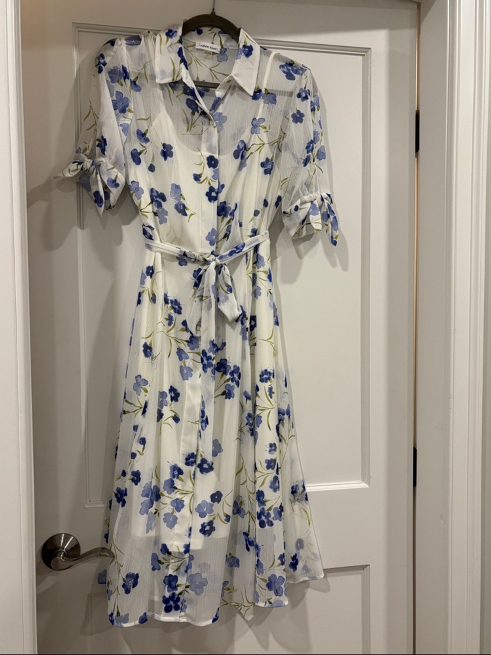 Calvin Klein White Midi Shirt Dress with Blue Floral Print